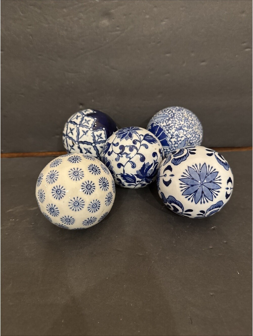 Pier 1 Imports Set of 5 Blue and White Decorative Orbs Balls 3”